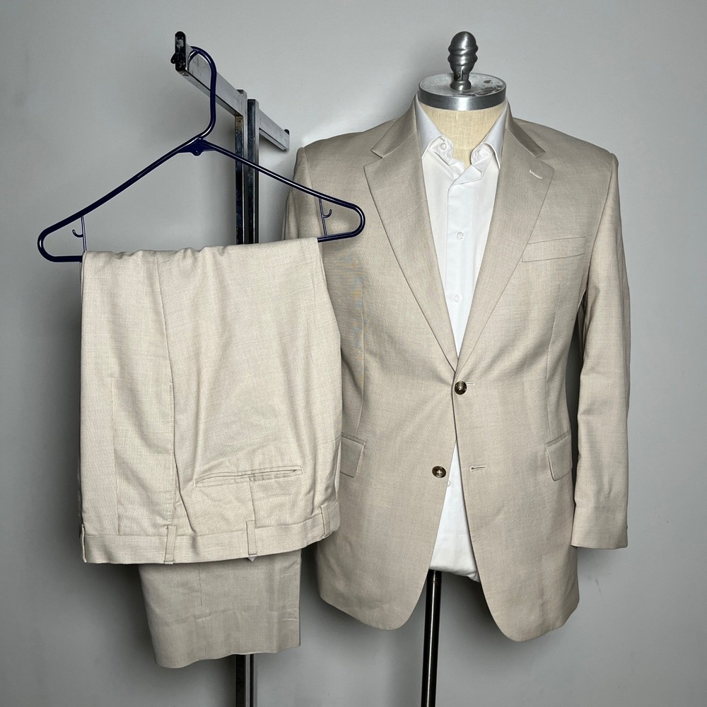 Jos. A. Bank Suit Mens 44R 36W Beige Cotton Wool Blend Two Button Notch Lapel